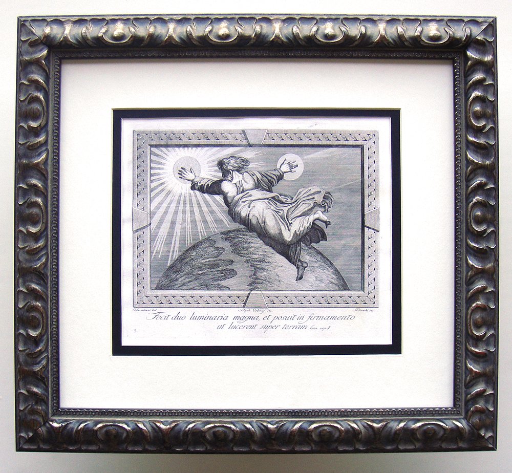 Raphael Two Great Lights engraving 1791: Raphael ( Also called Raffaello Sanzio, Raffaello Santi, Raffaello da Urbino or Rafael Sanzio da Urbino). "He made two great lights in the firmament to give light upon the earth: the sun and the moon 