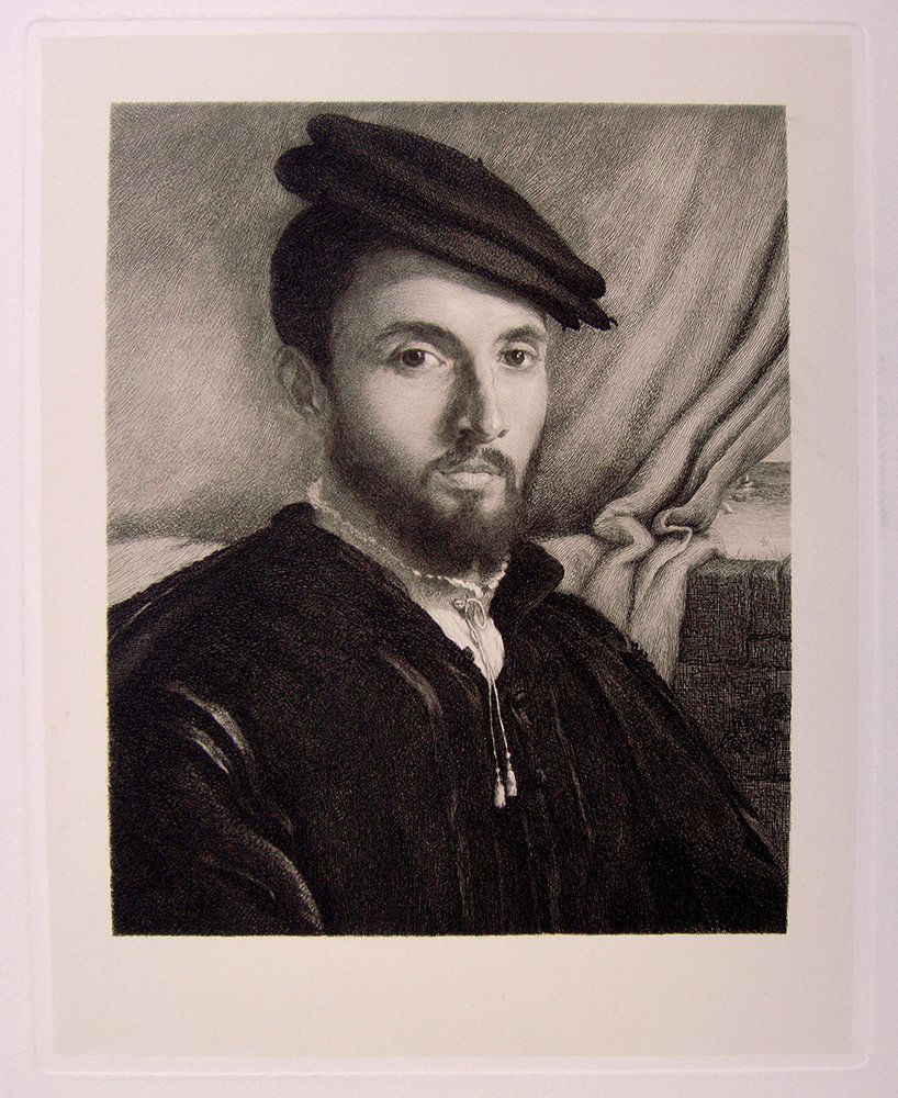 Lorenzo Lotto Portrait of a Man etching: Etching on heavy wove paper after Lorenzo Lotto. "Portrait of a Young Man" This impression is well more than 120 years old. This is not a modern reprint but was hand pulled from the copper plate late
