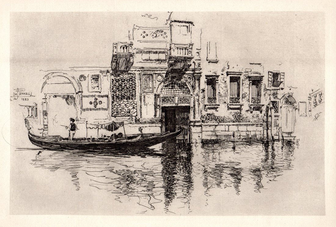 J. Pennell "A Watergate in Venice": Antique engraving on thick laid paper after Joseph Pennell "A Watergate in Venice". This is not a modern reprint but was hand pulled from the copper plate in the 1880s. Signed in the plate. The strike