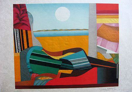 Max Papart Guitar Lithograph Signed: Papart, Max "Still life with Guitar," Color lithograph on Japon paper. Signed and numbered by artist. Dimensions: 16 x 19 3/4 inches. Accompanied by a certificate of authenticity.