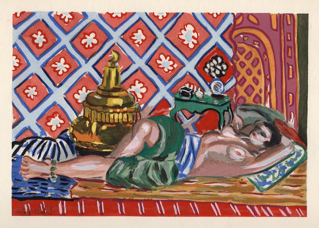 Henri Matisse 1929 Pochoir Nude Small Edition: Matisse, Henri."Odalisque sur fond rouge" Color pochoir after a painting, 1929. One of 500 impressions executed under Matisse's direct supervision. Beautifully exectued hand colored work. Professional