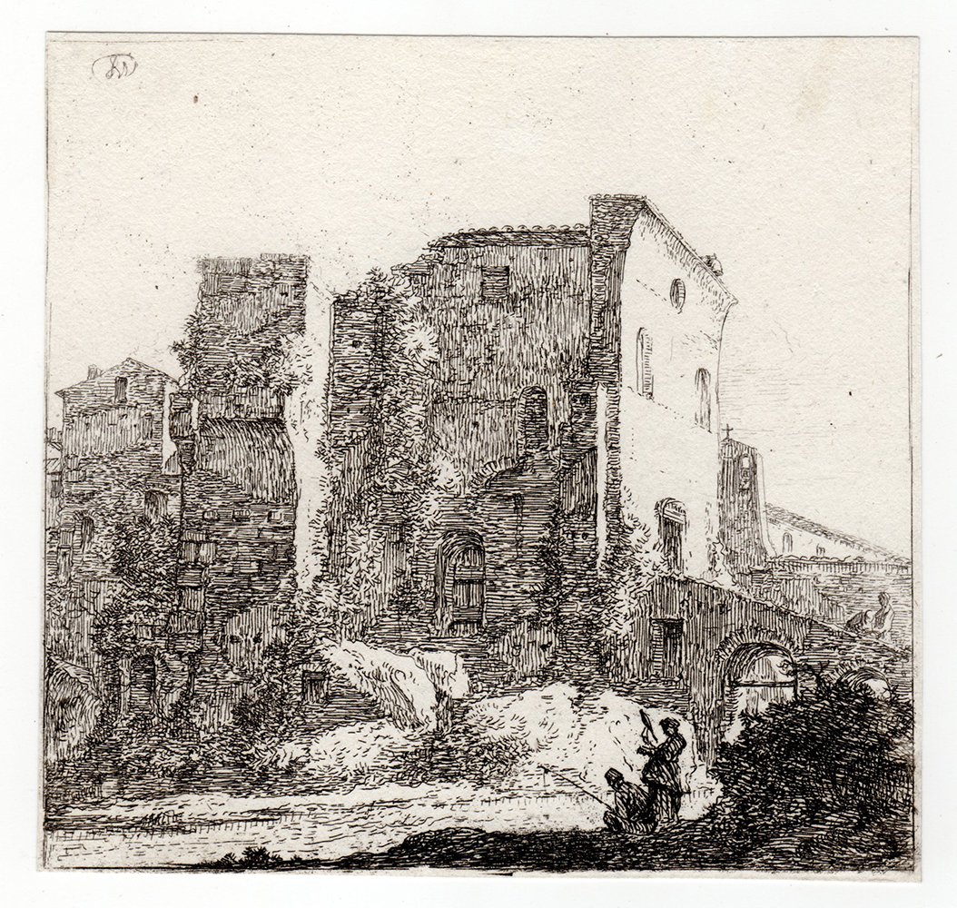 Thomas Wyck Two People Fishing etching: William Young Ottley after Thomas Wijck (Wyck) "Two people fishing in a river, an Italianate ruin behind." Etching on wove paper, c.1650 but later. Plate c. 4 3/4 x 4 1/2 inches. Comes with certificat