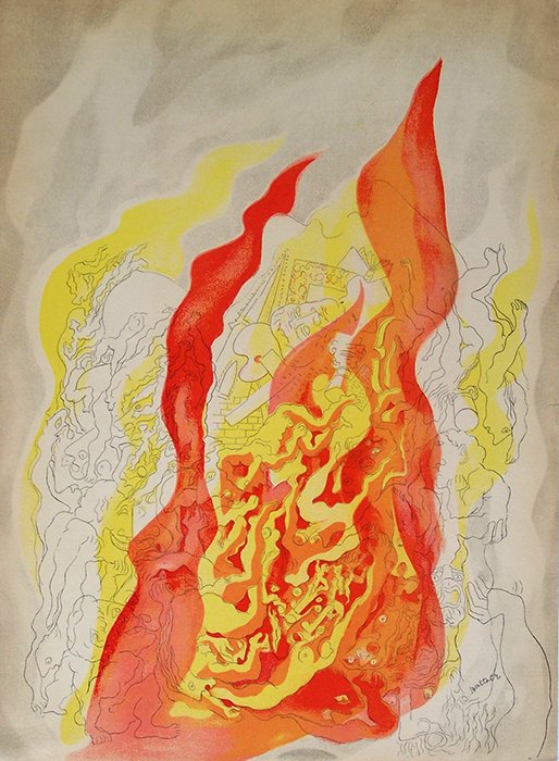 Abraham Rattner 1938 Lithograph Fire: Rattner, Abraham. Fire, Color lithograph printed by Mourlot, Signed in the Plate, 1937. 10 1/4 x 14 inches. Comes with a Certificate of Authenticity.