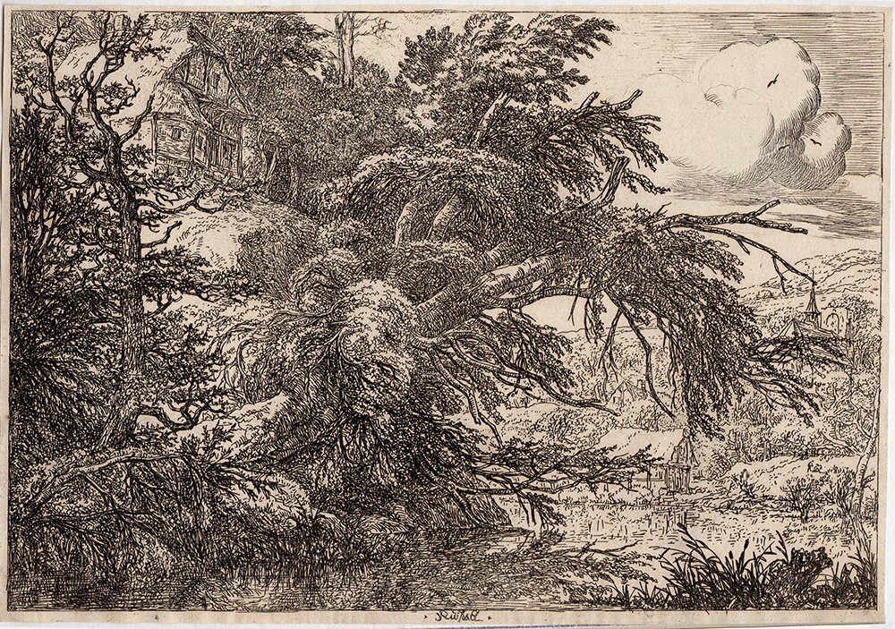 Jacob Ruisdael Original Cottage Landscape Etching: RUISDAEL Jacob Isaaksz van, ca 1628/29-1682. Etching on thin paper, signed in the plate lower center. "Cottage on a Hill." State II (Couds and Sky etched in with some added drypoint) (19.4cm x 29.7cm)