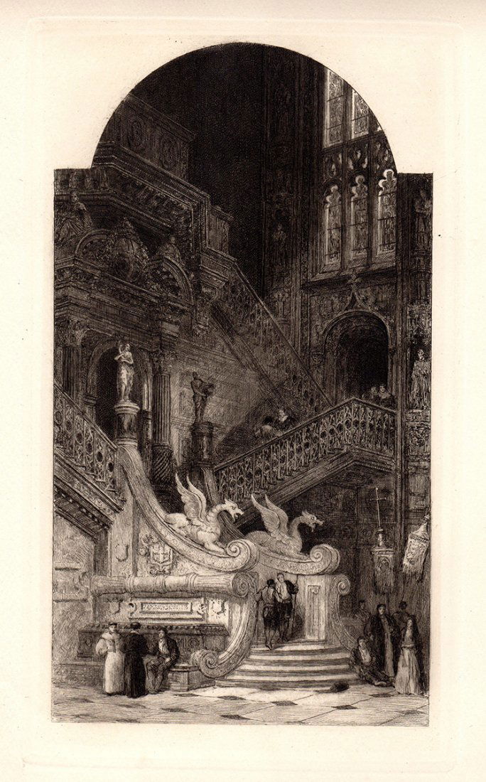 David Roberts Etching Burgos Cathedral 1800s: Roberts, David " Burgos Cathedral." Copper plate etching on laid paper after the original by a master engraver. This impression is well more than 120 years old. Published circa 1880. This is not a mod