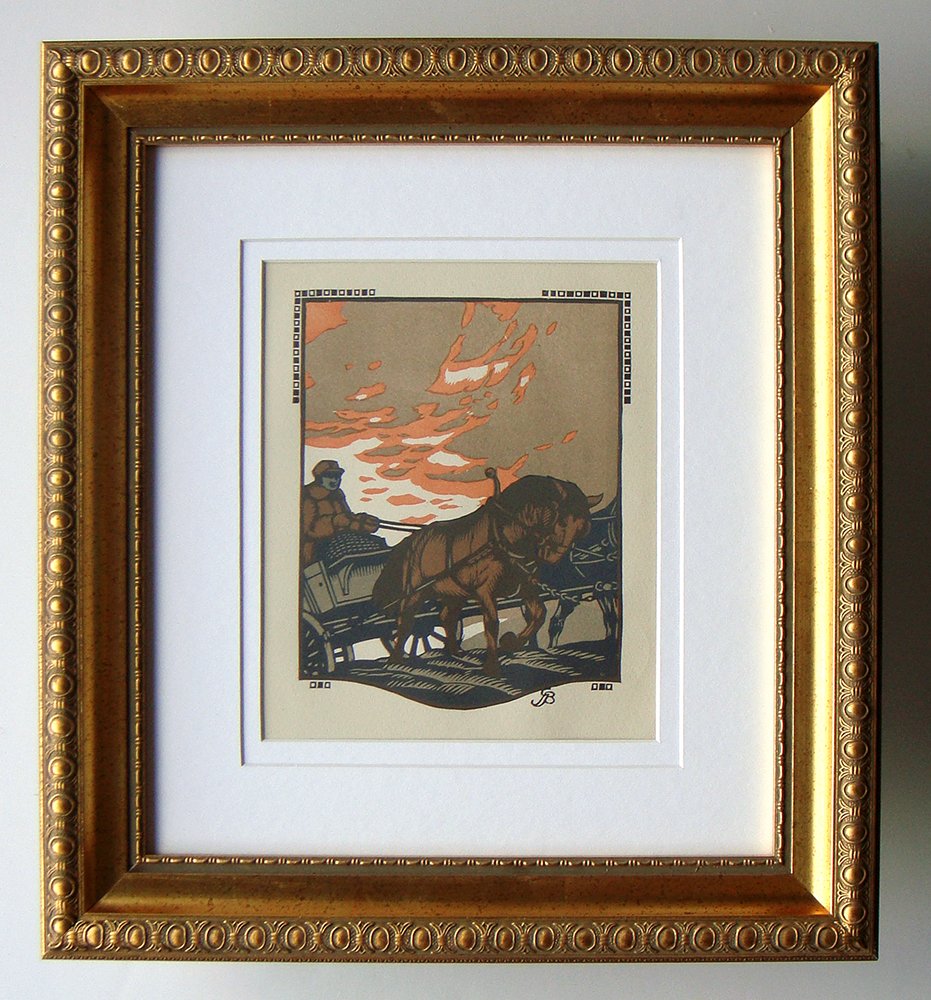 Gustave Baumann Original color woodcut: Gustave Baumann (German/American, 1881 - 1971). "February". Original color woodcut. 1912. Signed in the block, lower right. Cream wove paper. Wide margins. Fine impression with heavy ink application.