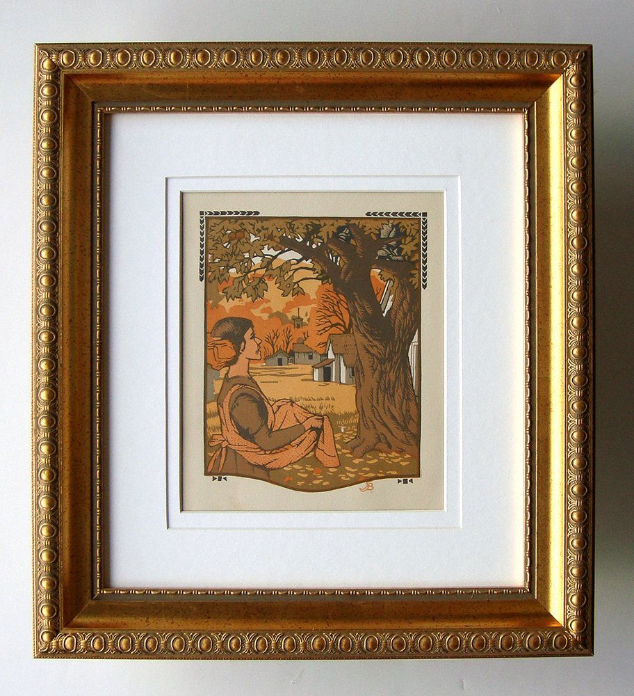 Gustave Baumann Original color woodcut: Gustave Baumann (German/American, 1881 - 1971). "October". Original color woodcut. 1912. Signed in the block, lower right. Cream wove paper. Wide margins. Fine impression with heavy ink application. V