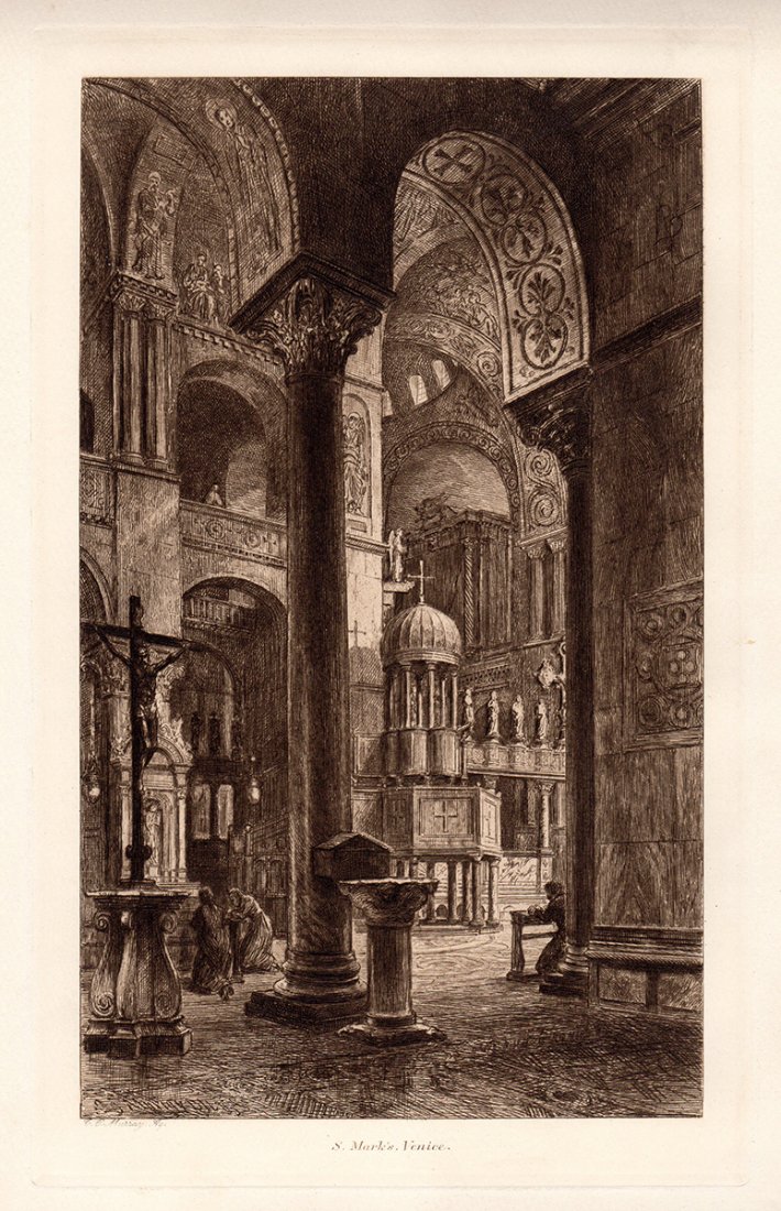 Murray "Interior of St Marks, Venice": Antique etching on thick laid paper by C.O. Murray" Interior of St Marks, Venice". This is not a modern reprint but was hand pulled from the copper plate in 1892. The strike is crisp and the lines are