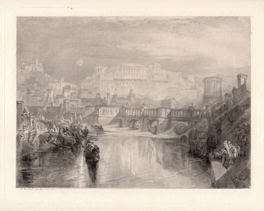 Turner "..Landing with the Ashes..": Antique etching on thick laid paper after Joseph Mallord William Turner "Agrippina Landing with the Ashes of Germanicus". This is not a modern reprint but was hand pulled from the copper plate in the