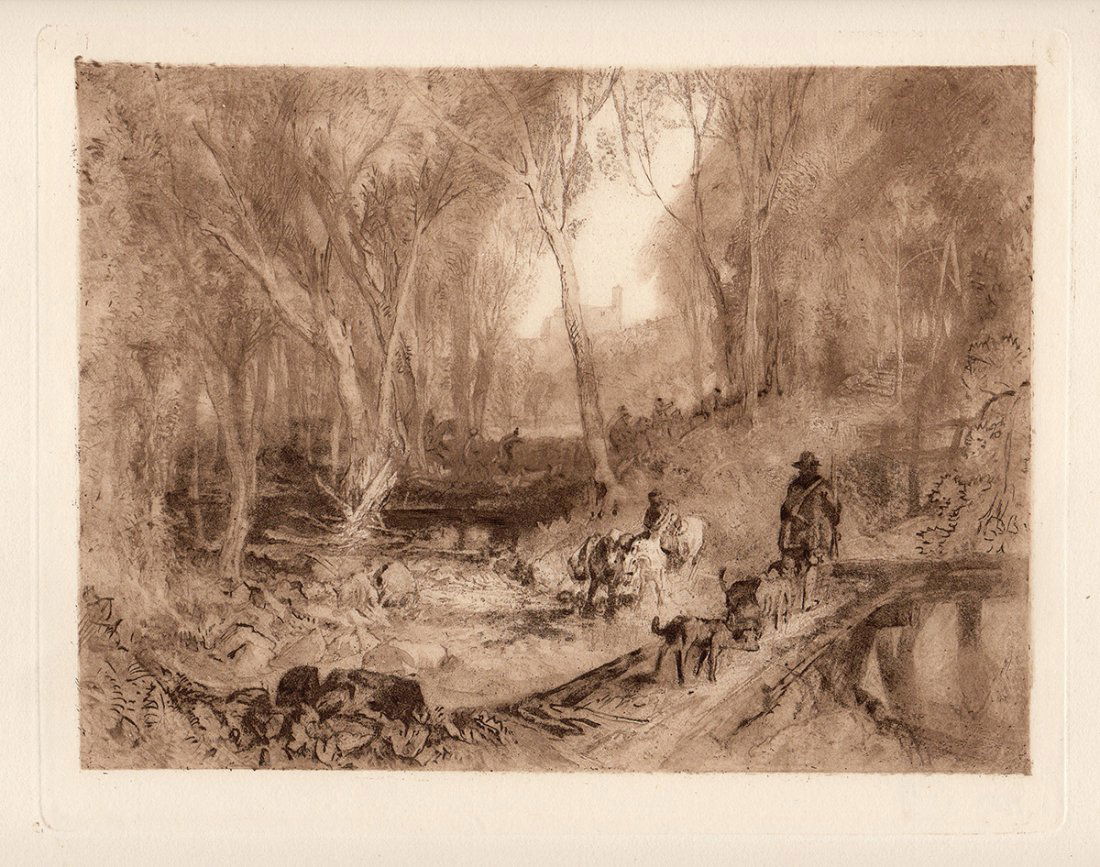 Turner "Landscape with Huntsman": Antique heliogravure on thick laid paper after Joseph Mallord William Turner. "landscape with a huntsman" 1884. This is not a modern reprint. (Image size 6 3/4 x 9 inches). This print is in excellent