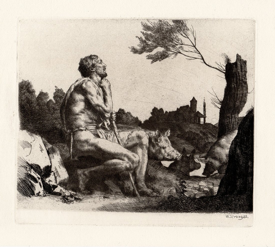 William Strang Original etching Prodigal Son: Strang, William . "The Prodigal Son" Signed and dated in the plate, lower right. Reference: B.10. Etching on laid paper. 1882. This is not a modern print. The strike is crisp and the lines are sharp.
