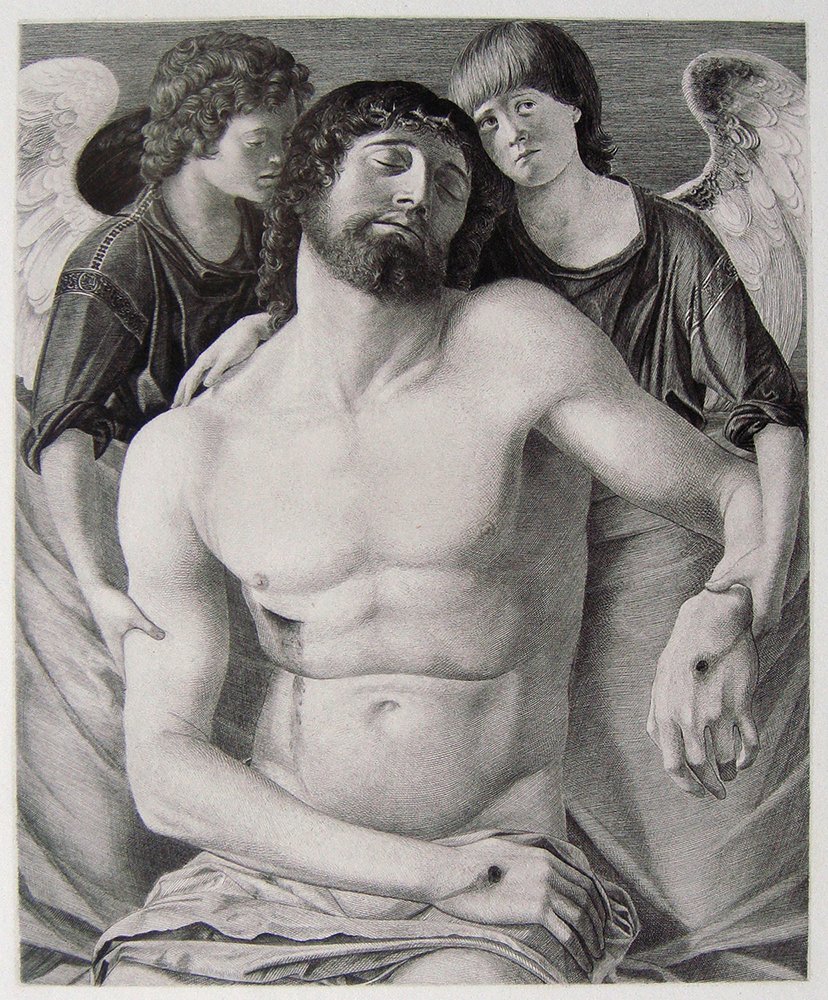 Giovanni Bellini Christ & Angels antique engraving: Antique Engraving on heavy wove paper after Giovanni Bellini by master engraver Otto Reim in the 1800's. "Christ with Angels" This impression is well more than 120 years old. This is not a modern repr