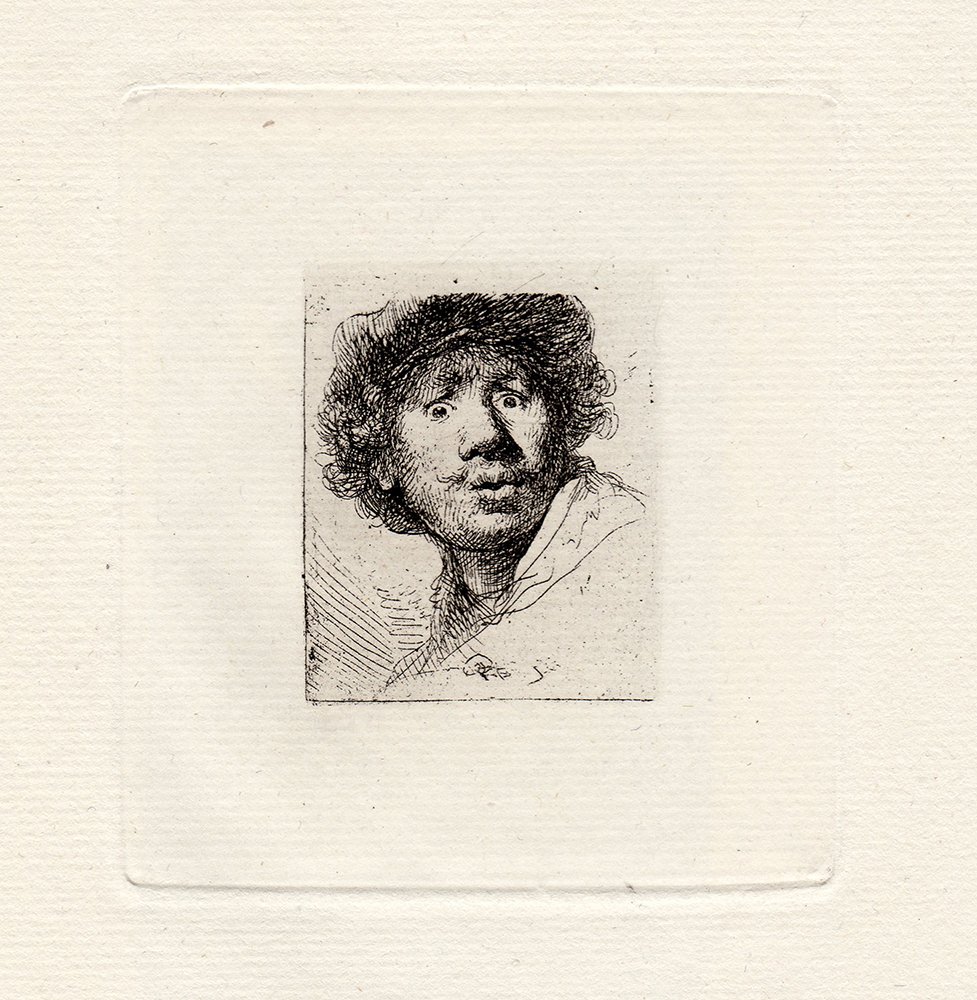 Rembrandt Self Portrait in a Cap etching: Etching on laid paper after Rembrandt by a master engraver in the 1800's. "Self Portrait in a Cap with eyes wide Open" Signed in the Plate. Reference: Bartsch 320. This impression is well more than 13
