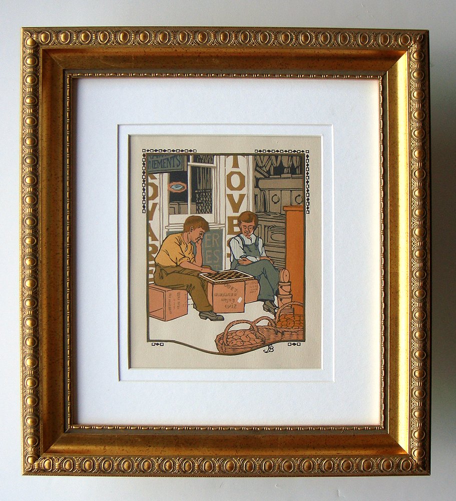 Gustave Baumann Original color woodcut: Gustave Baumann (German/American, 1881 - 1971). "August". Original color woodcut. 1912. Signed in the block, lower right. Cream wove paper. Wide margins. Fine impression with heavy ink application. Ve