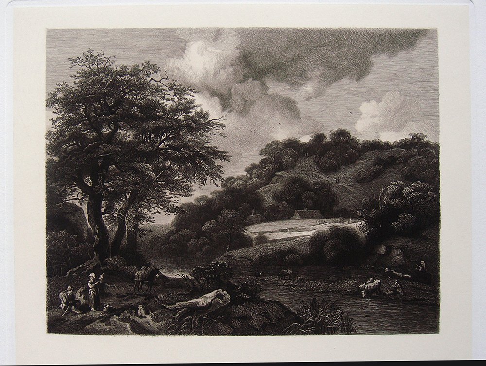 Jacob Ruisdael Landscape etching 1800's: Antique Etching on heavy wove paper after RUISDAEL Jacob Isaaksz van, ca 1628/29-1682 by master etcher Hecht in the 1800's. "Landscape" This impression is well more than 120 years old. This is not a m