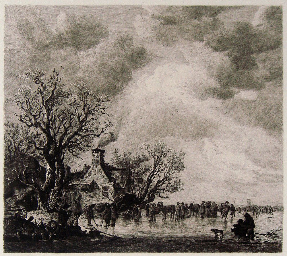 Jan Van Goijen Winter landscape etching 1800's: Antique Etching on heavy wove paper after Jan Van Goijen by master etcher Fritz Krostewitz in the 1800's. "Winter Landscape" This impression is well more than 120 years old. This is not a modern repri