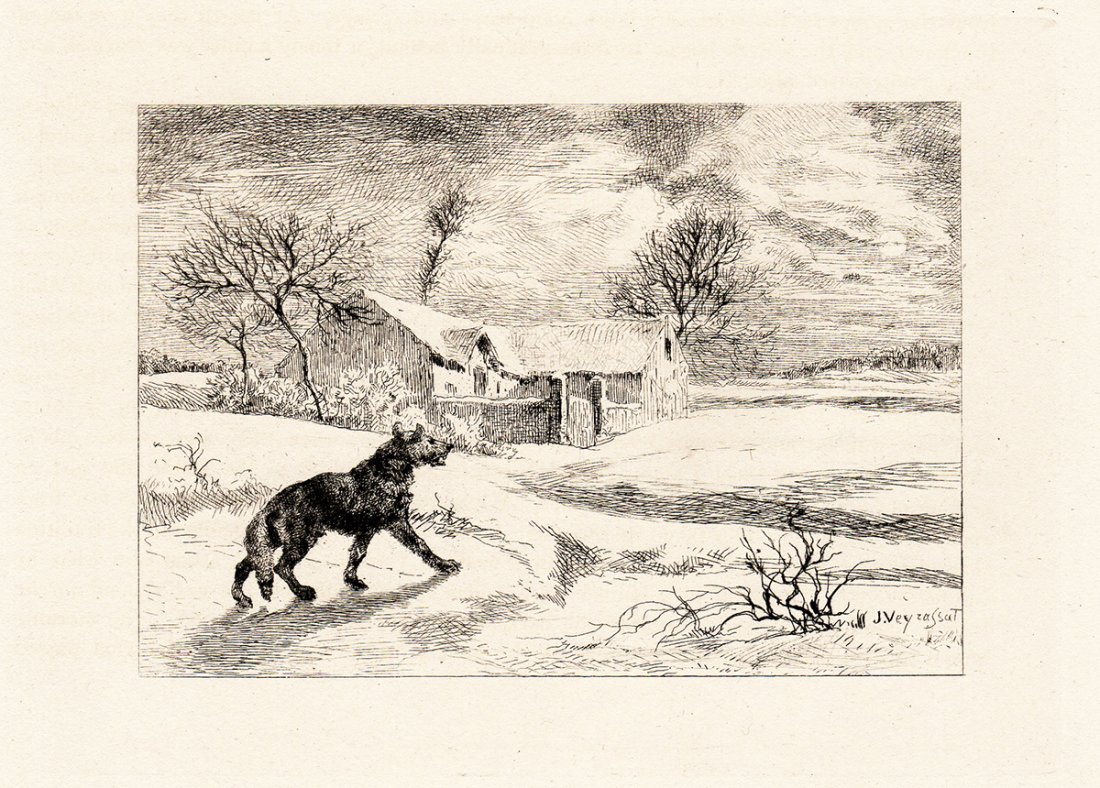 Jules Veyrassat etching Lone Wolf 1800s: Veyrassat, Jules Jacques "Lone Wolf" Etching on wove paper. Signed in the plate lower right. This impression is well more than 130 years old. C. 1870 This is not a modern print. The strike is crisp an