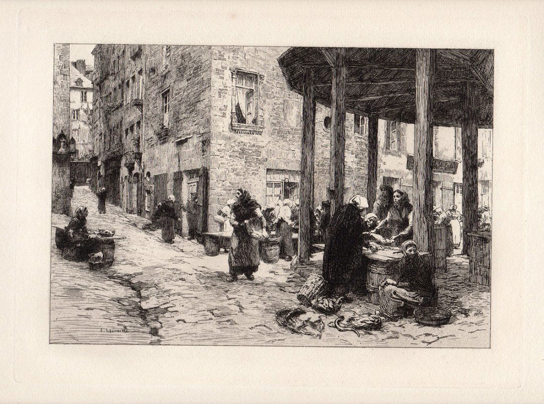 Lhermitte "Fish Market at St Malo": Antique etching on thick laid paper by Leon Augustin Lhermitte "Fish Market at St Malo" . This is not a modern reprint but was hand pulled from the copper plate in 1882. The strike is crisp and the li