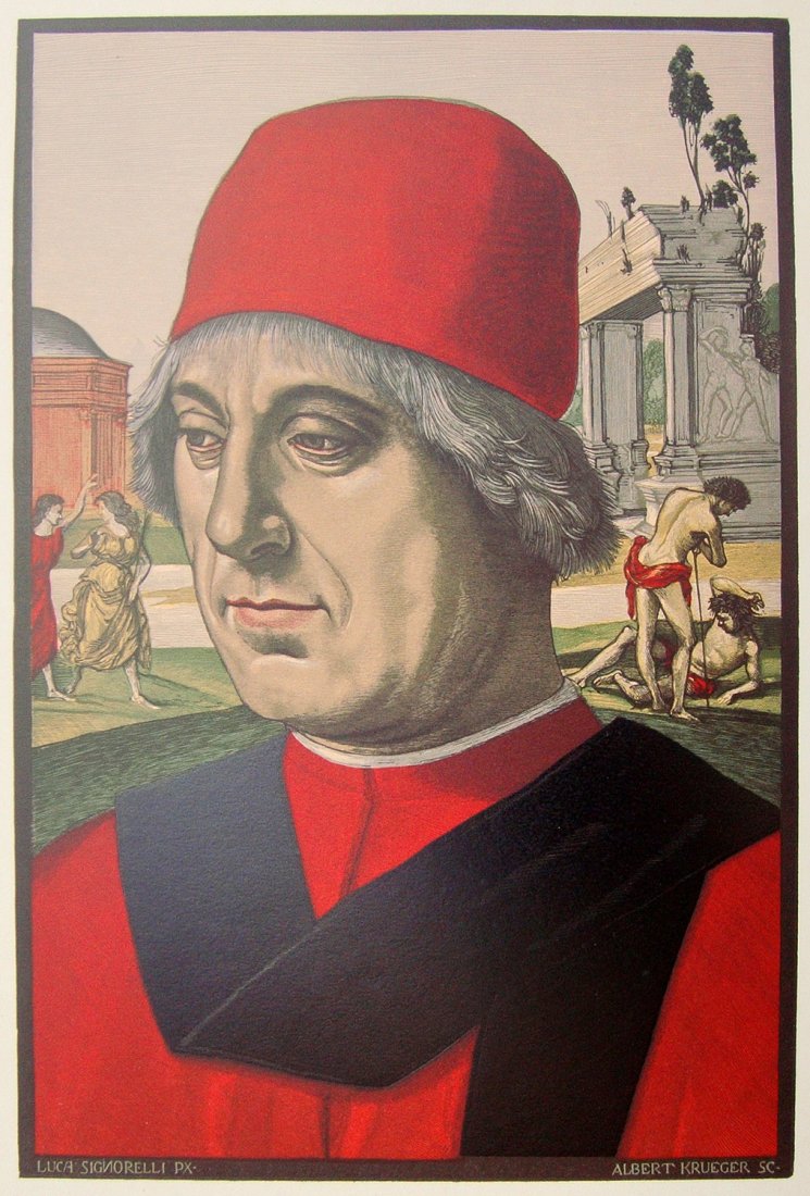 Luca Signorelli Male portrait Woodcut: Antique Color Woodcut mounted on thick wove paper after Luca Signorelli by A. Kruger in the 1800's. "Portrait of a Man" This impression is well more than 120 years old. This is not a modern reprint bu
