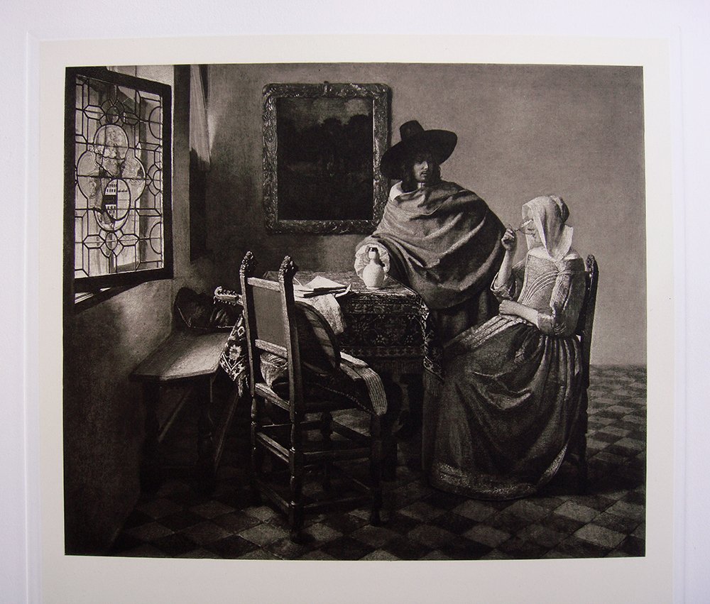 Johannes Vermeer "Wine Tasting": Antique heliogravure on heavy wove paper after Johannes Vermeer. "Wine Tasting" This impression is well more than 120 years old. This is not a modern reprint but was hand pulled from the copper plate 