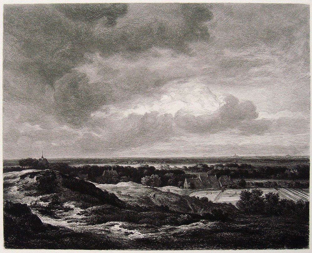 Jacob Ruisdael Landscape etching 1800's: Antique Etching on heavy wove paper after RUISDAEL Jacob Isaaksz van, ca 1628/29-1682 by master etcher H. Kohnert in the 1800's. "Landscape" This impression is well more than 120 years old. This is no