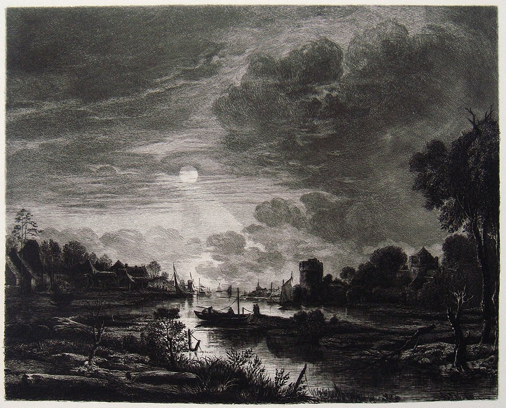 Aert Van Der Neer "Moonlight Landscape": Antique etching on heavy wove paper after Aert Van Der Neer. "Moonlight Landscape" This impression is well more than 120 years old. This is not a modern reprint but was hand pulled from the copper pla