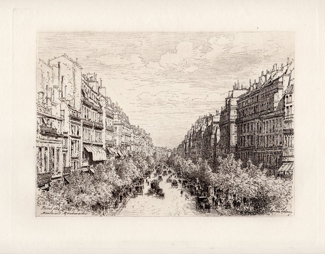 Lalanne "The Boulevard Montmartre": Antique etching on thick laid paper by Lalanne "The Boulevard Montmartre, Paris". This is not a modern reprint but was hand pulled from the copper plate in 1884. The strike is crisp and the lines are 