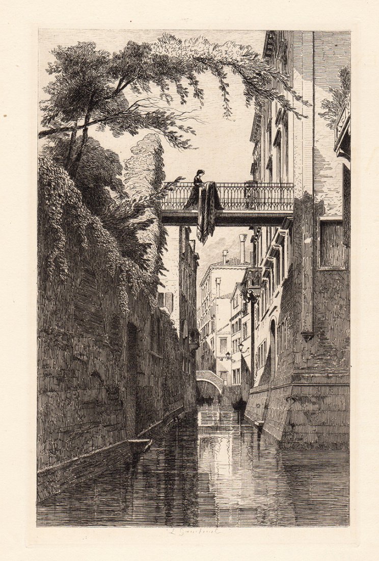Leon Gaucheral "In Venice" etching: Antique etching on thick laid paper by Leon Gaucheral "In Venice". This is not a modern reprint but was hand pulled from the copper plate in 1873. The strike is crisp and the lines are sharp. (Image s