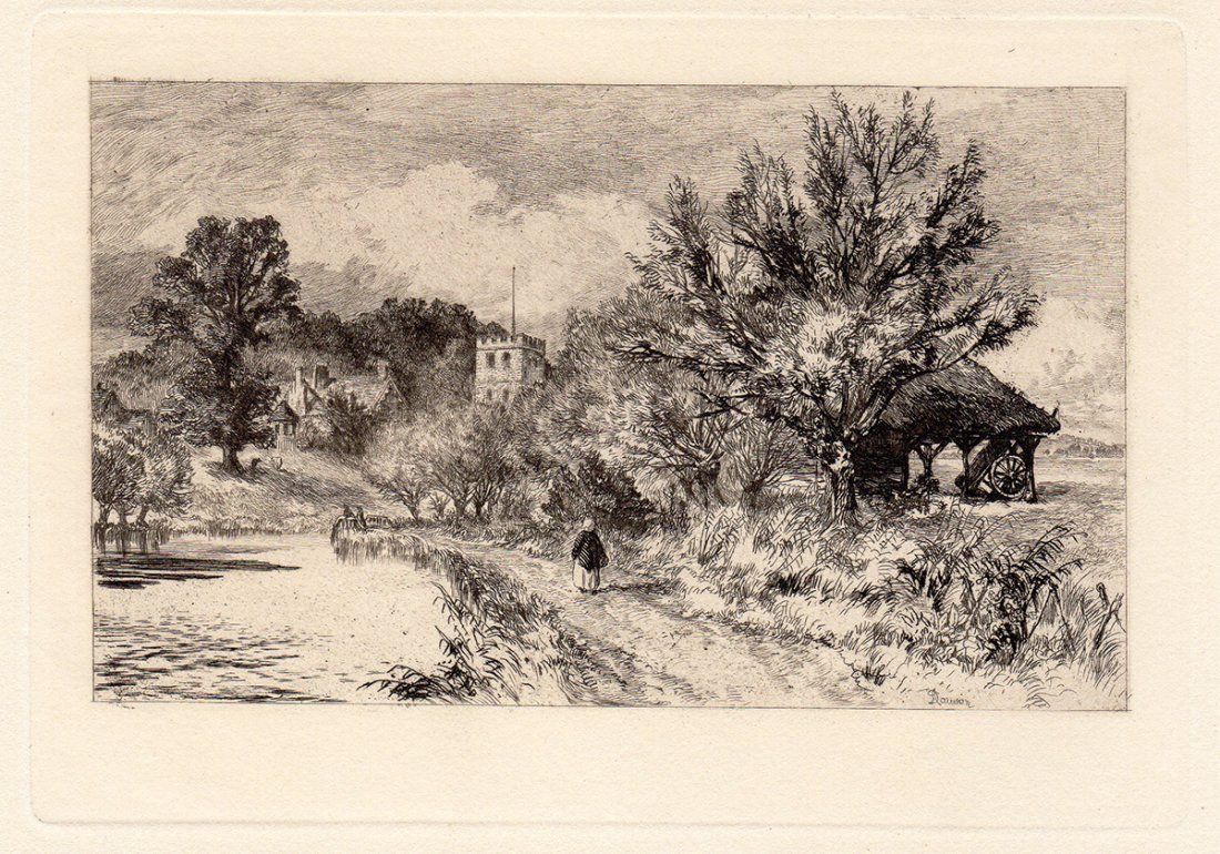 Dawson "View of the Thames; Godstow..": Antique etching on thick laid paper by Alfred Dawson "View of the Thames; Godstow Nunnery". This is not a modern reprint but was hand pulled from the copper plate in 1884. The strike is crisp and the 