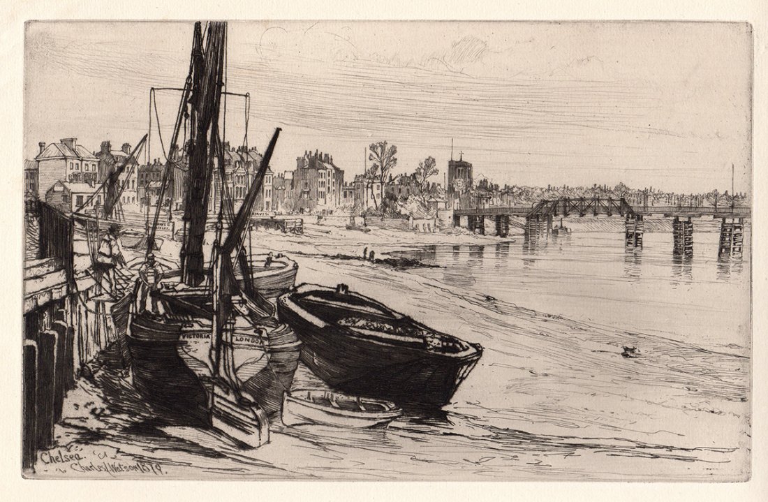 Charles John Watson "Chelsea" etching: Antique etching on thick laid paper by Charles John Watson "Chelsea" . Signed in the plate. This is not a modern reprint but was hand pulled from the copper plate in 1882. The strike is crisp and the 