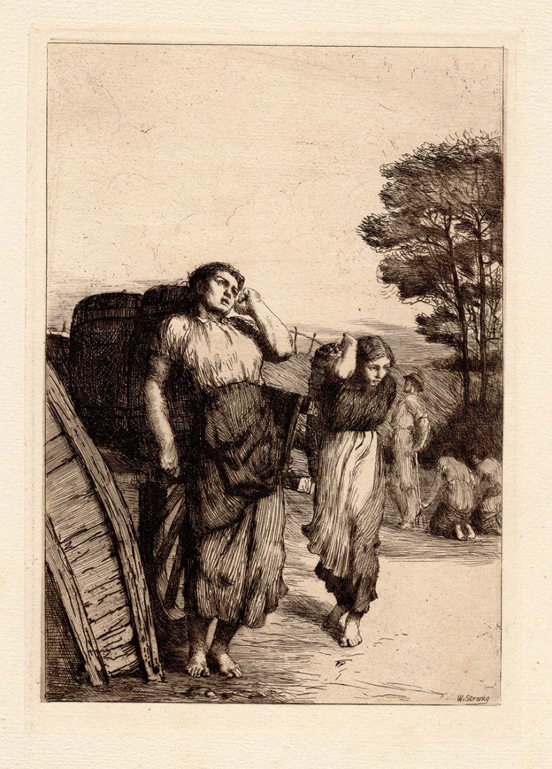 William Strang "Lifting Potatoes" etching: Antique etching on thick laid paper by William Strang "Lifting Potatoes" . Signed in the plate. This is not a modern reprint but was hand pulled from the copper plate in 1882. The strike is crisp and