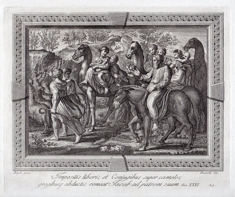 Raphael engraving Jacob Flees 1788: Raphael ( Also called Raffaello Sanzio, Raffaello Santi, Raffaello da Urbino or Rafael Sanzio da Urbino). "Genesis 31: 17 Then Jacob put his children and his wives on camels, 18 and he drove all his l