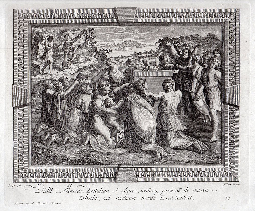 Raphael engraving Golden Calf 1788: Raphael ( Also called Raffaello Sanzio, Raffaello Santi, Raffaello da Urbino or Rafael Sanzio da Urbino). "Exodus 32: 19 When Moses approached the camp and saw the calf and the dancing, his anger burn