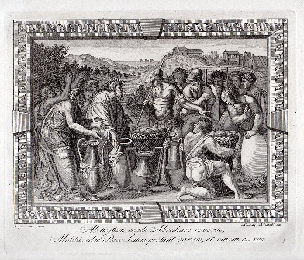 Raphael engraving Abraham 1788: Raphael ( Also called Raffaello Sanzio, Raffaello Santi, Raffaello da Urbino or Rafael Sanzio da Urbino). "Genesis 14: 21 The king of Sodom said to Abram, â€œGive me the people and keep the goods 