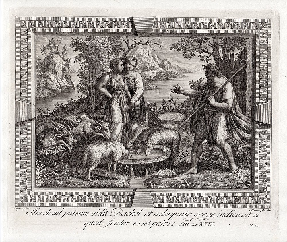 Raphael 1788 Religious etching Jacob and Rachael: Raphael ( Also called Raffaello Sanzio, Raffaello Santi, Raffaello da Urbino or Rafael Sanzio da Urbino). Engraving on thick wove paper by master engraver Bianchi. 1788. This is not a modern print. Th