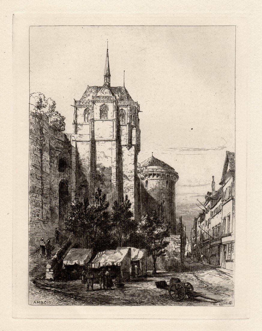 Ernest George Etching Amboise 1800s: George, Ernest. "Amboise." Etching on laid paper, c. 1870. Signed in the plate lower right, titled in the plate lower left. This is not a modern print. The strike is crisp and the lines are sharp. (Pl