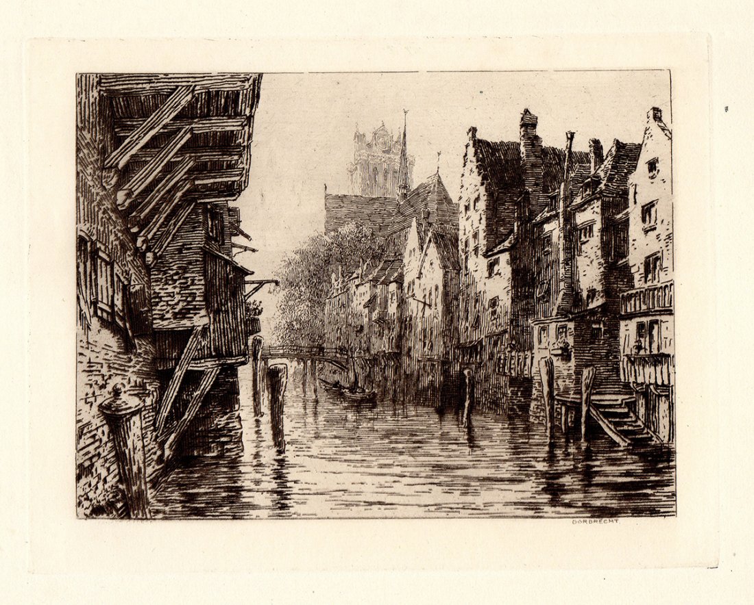 Ernest George "Dort" etching: Antique etching on thick laid paper by Ernest George "Dort" . This is not a modern reprint but was hand pulled from the copper plate in 1882. The strike is crisp and the lines are sharp. (Image size 5