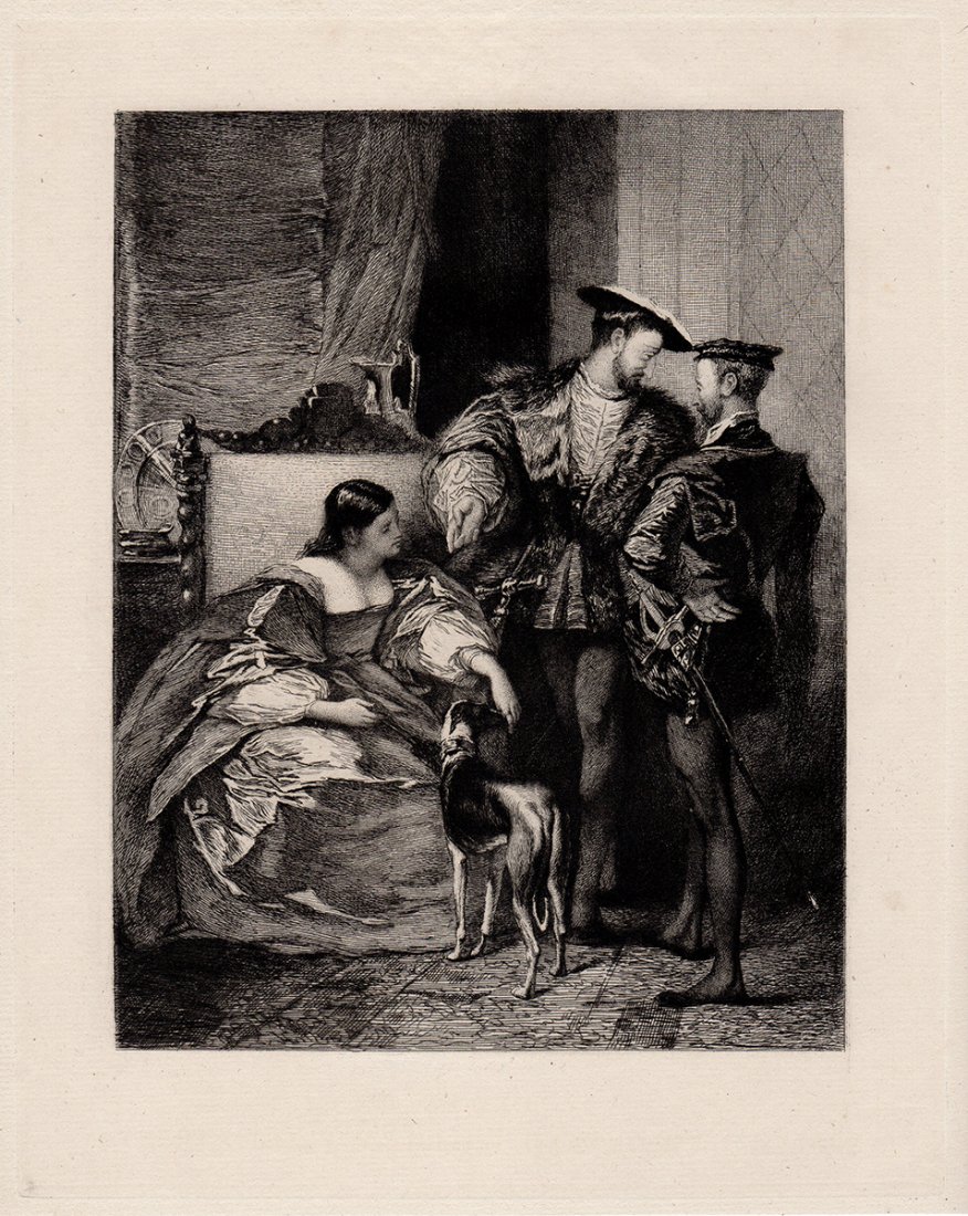 Bonington "Francis I and the Duchess": Antique etching on thick laid paper after Bonington "Francis I and the Duchess of Estampes". This is not a modern reprint but was hand pulled from the copper plate in the 1870s. The strike is crisp an