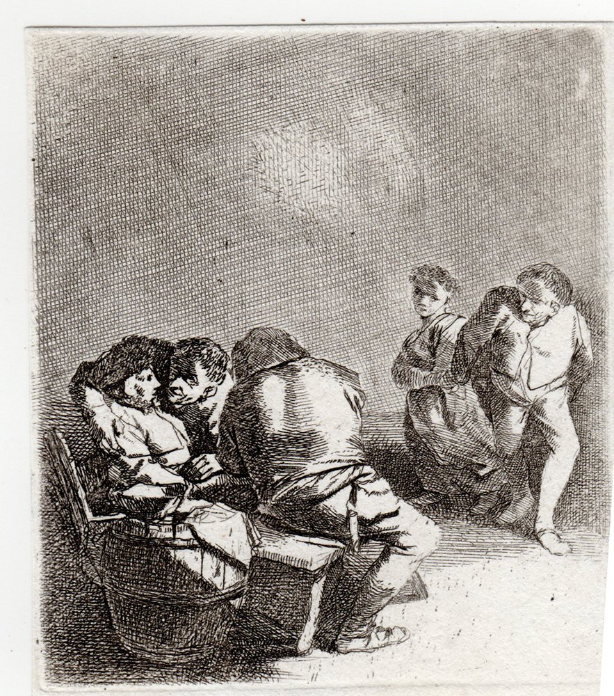 Cornelis Bega Woman Seated etching: Cornelis Pietersz Bega, or Cornelis Pietersz Begijn (1631/1632 - 1664) "Peasant Group" etching on wove paper. Dimensions: 2 7/8 x 3 1/4 inches. Comes with a Certificate of Authenticity. Additional Not