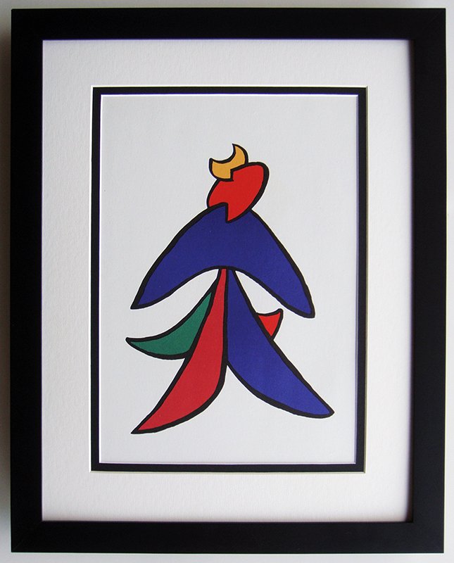 Calder Original Lithograph Framed 1963: Calder, Alexander. "Stabiles" Color lithograph published by Maeght, 1963. Professionally framed and matted. C. 17 x 21 inches. Notes: reference dlm 141. Comes with a Certificate of Authenticity.