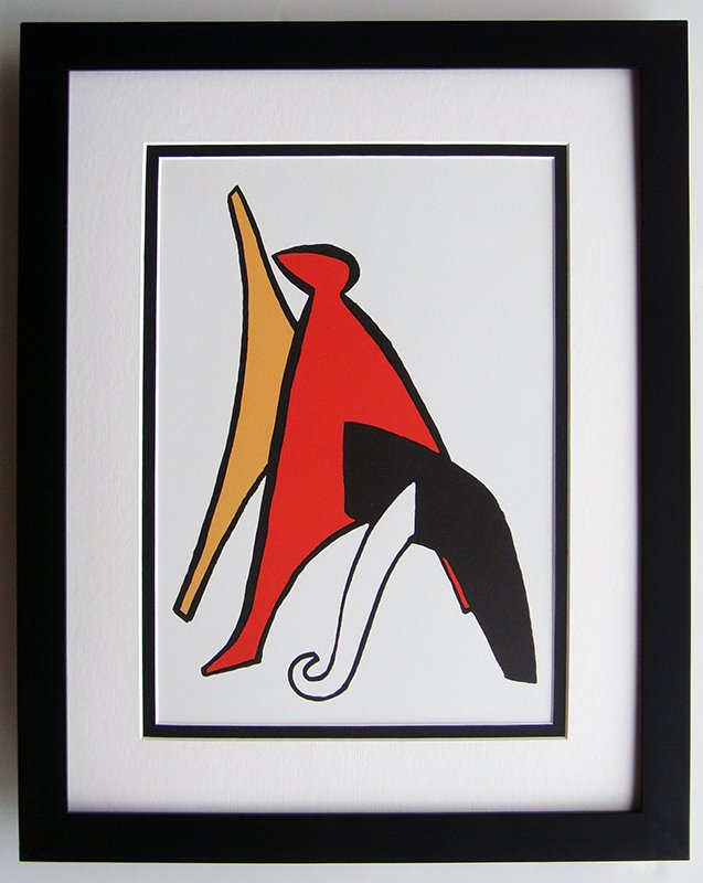 Calder Original Lithograph Framed 1963: Calder, Alexander. "Stabiles" Color lithograph published by Maeght, 1963. Professionally framed and matted. C. 17 x 21 inches. Notes: reference dlm 141. Comes with a Certificate of Authenticity.
