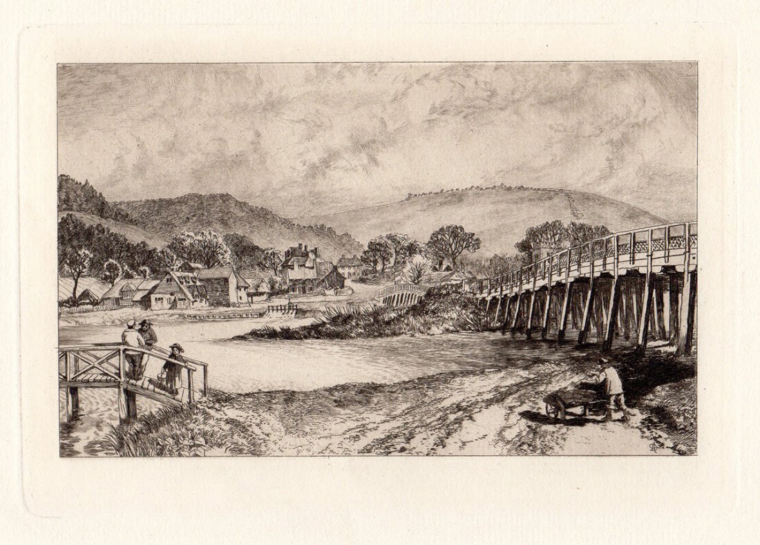 Dawson "View of the Thames; Streatley": Antique etching on thick laid paper by Alfred Dawson "View of the Thames; Streatley". This is not a modern reprint but was hand pulled from the copper plate in 1884. The strike is crisp and the lines 