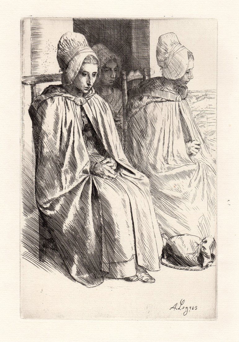 Legros "Peasant Woman" etching: Antique etching on thick laid paper by Alphonse Legros "Peasant Woman in the Neighborhood of Boulogne". Signed in the plate. This is not a modern reprint but was hand pulled from the copper plate in 1