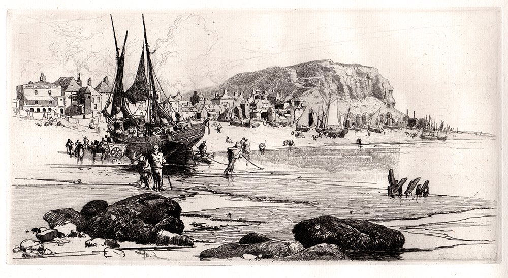 Stephen Parrish Antique Etching Hastings 1800s: Antique etching on thick laid paper by Stephen Parrish. "Hastings". This is not a modern reprint but was hand pulled from the copper plate in 1885. The strike is crisp and the lines are sharp. (Image