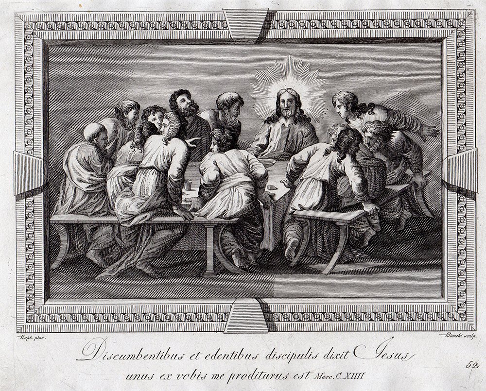 Raphael engraving Last Supper 1788: Raphael ( Also called Raffaello Sanzio, Raffaello Santi, Raffaello da Urbino or Rafael Sanzio da Urbino). "The Last Supper." Engraving on thick wove paper by master engraver Bianchi. 1788. This is not