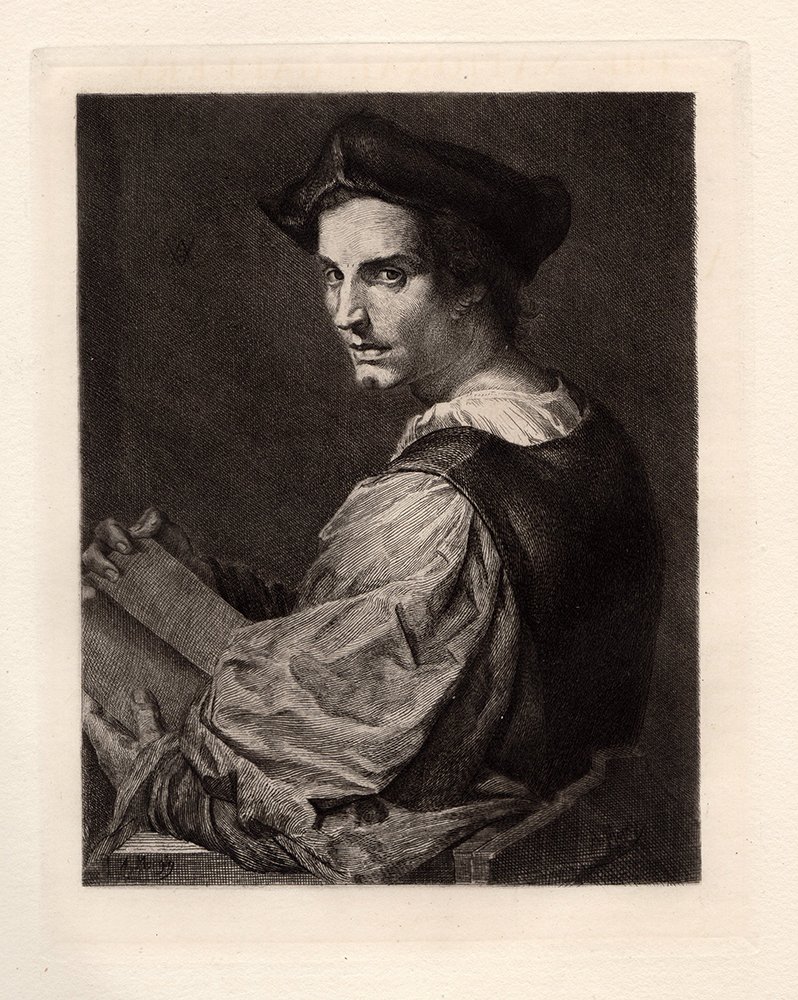 Sarto "Self Portrait" Etching: Andrea del Sarto . Self Portrait. Etching on laid paper after the original by master engraver, Augustin Mongin. This is not a modern reprint but hand pulled from the copper plate c. 1870. Image size 5