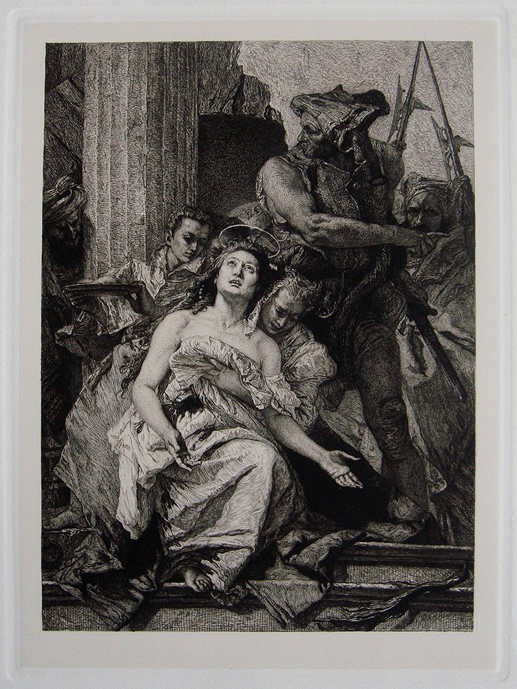 Tieplo Martyrdom of St Agatha ethcing 1800's: Antique Etching on heavy wove paper after Giovanni Battista Tieplo by master etcher Kuhn in the 1800's. "Martyrdom of St. Agatha" This impression is well more than 120 years old. This is not a modern 