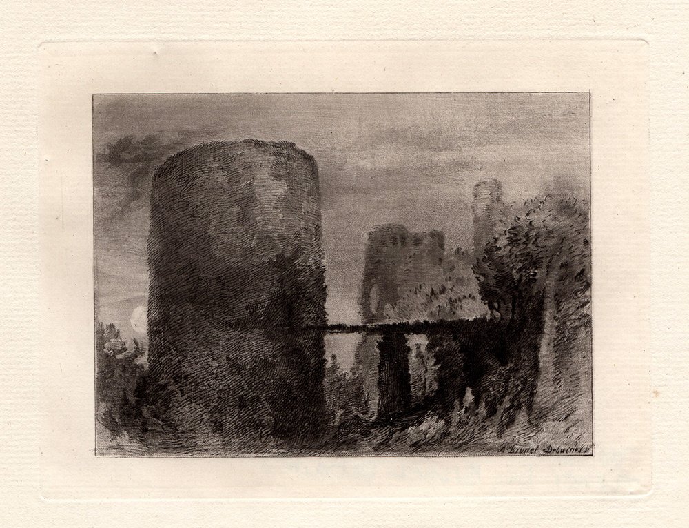 Turner "Ruined Castle" Mezotint: Joseph Mallord William Turner. Ruined Castle. Mezotint on laid paper after the original by master engraver, Alfred Louis Brunet-Debaines. This is not a modern reprint but hand pulled from the copper p