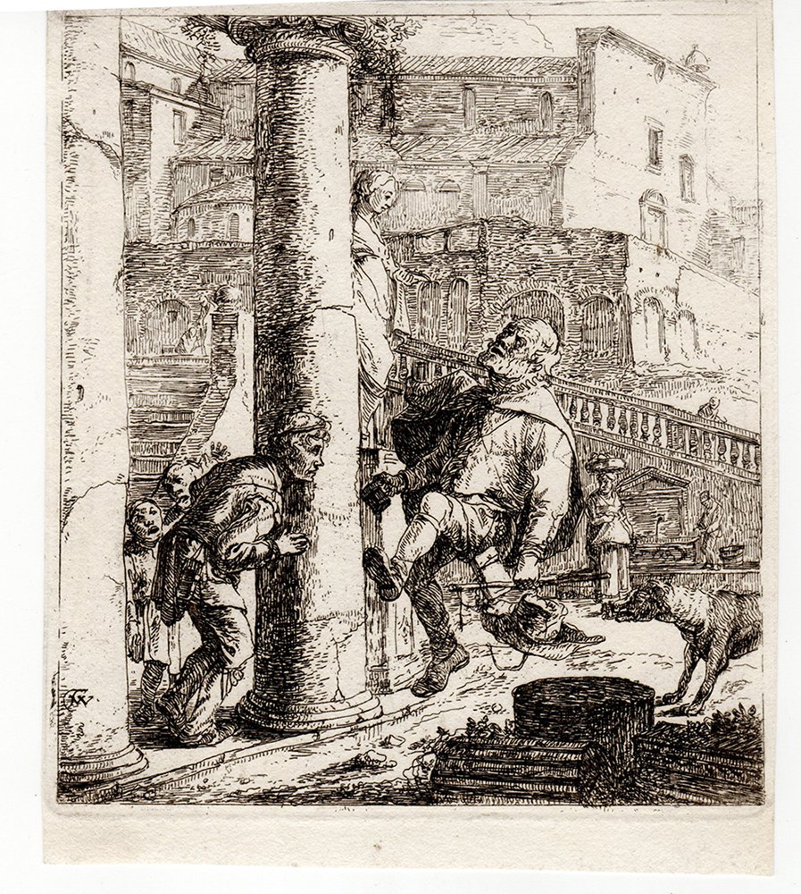 Thomas Wyck A Peddlar Dancing etching: William Young Ottley after Thomas Wijck (Wyck) "A pedlar dancing, a boy hiding behind a column, an Italianate town behind." Etching on wove paper, c.1650 but later. Plate c. 4 3/4 x 4 1/2 inches. Come