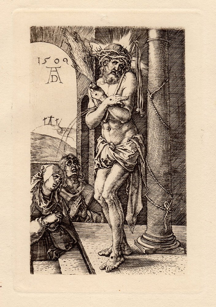 Albrecht Durer Christ Man of Sorrows engraving: Durer, Albrecht. "Man of Sorrows (from the small passion)" Signed and dated with monogram in the plate. Reference: B.3. Engraving on laid paper after the original by a master engraver. Original engrav